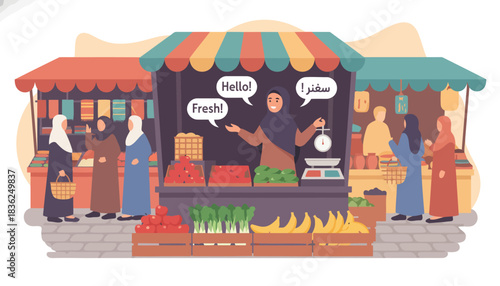 Busy Colorful Market Stall With Vendor And Customers.