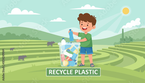Young boy recycling plastic in a field.