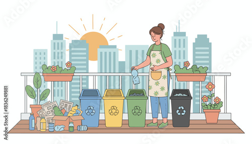 Woman sorting waste into colorful recycling bins.