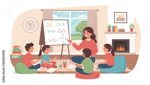 Teacher Conducts Group Lesson With Children.