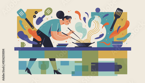 Chef Cooking At Stove In Colorful Kitchen.