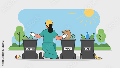 Person Sorting Recyclable Waste Into Bins.