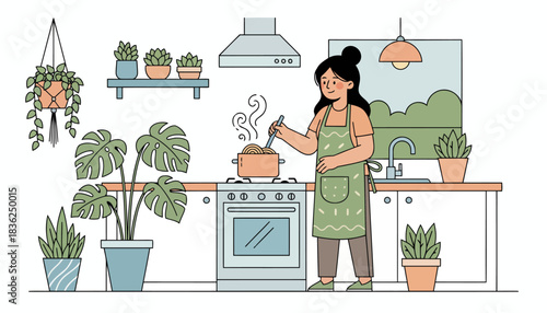 Home Cook Standing at Stove Preparing Meal.