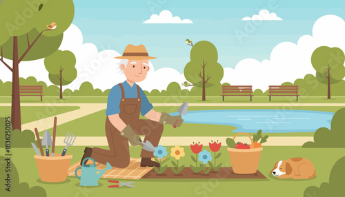 Gardener Kneeling and Planting Flowers in Park Garden.