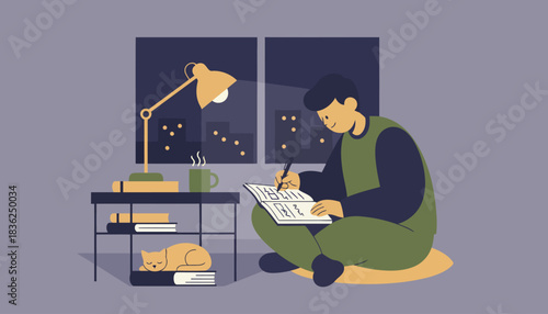 Young artist drawing in notebook at home.