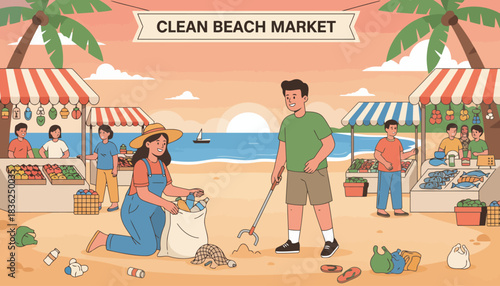 Man in Green Shirt Standing at Beach Market.