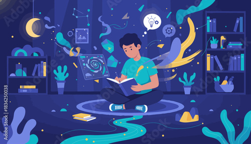 Young person reading book in dreamlike study.