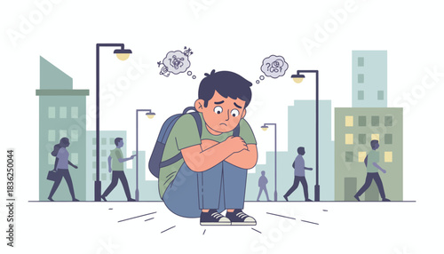 Young thief crouching with backpack in urban street scene.