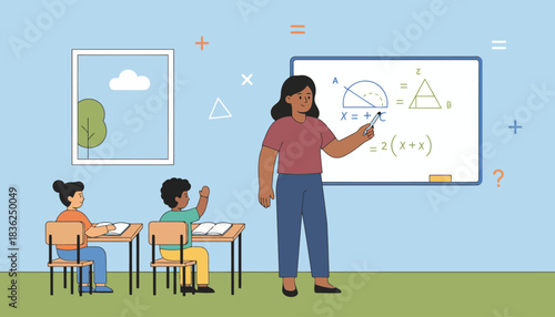 Teacher presenting lesson on whiteboard in classroom.