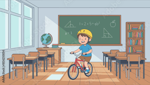 Young boy riding a bicycle inside classroom.