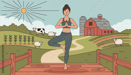 Female meditator practicing yoga on a wooden bridge.