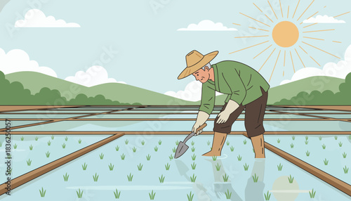 Farmer Planting Seedlings in a Field Illustration.