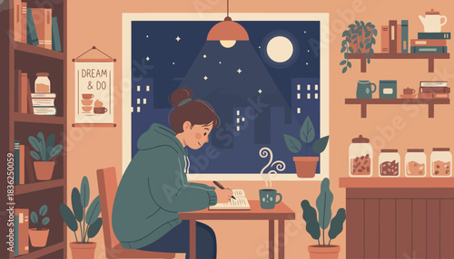 A solitary person studying at a cozy desk at night.
