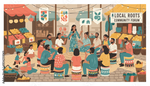 Community meeting with diverse group seated in circle.