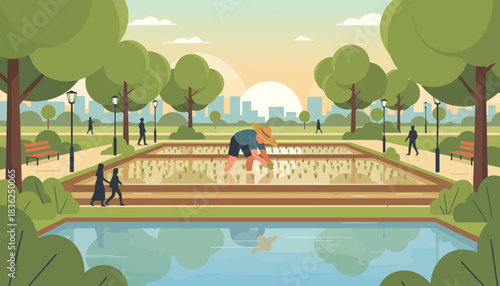 People Enjoying Park Scene With Central Fountain And Pond.