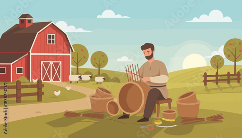 Woodcarver carving wood sculpture in sunny outdoor workshop.