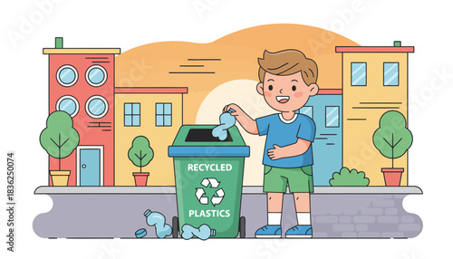 Young man recycling a bottle into a recycling bin illustration.