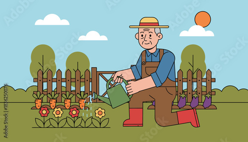 Friendly Farmer Tending A Flower Bed.