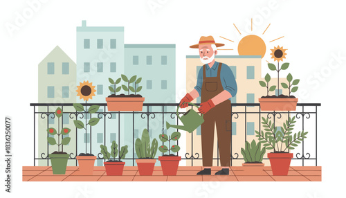 Gardener Caring For Balcony Garden With Potted Plants.