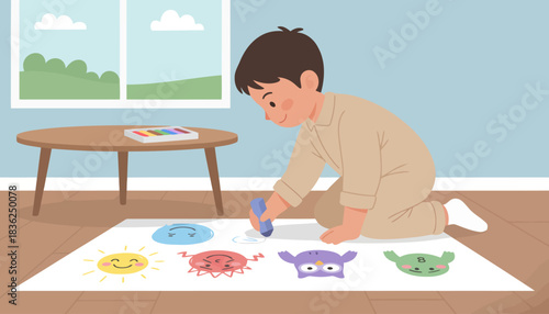Young boy drawing colorful shapes on paper sheet.