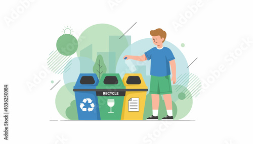 Person standing beside recycling bins outdoors.