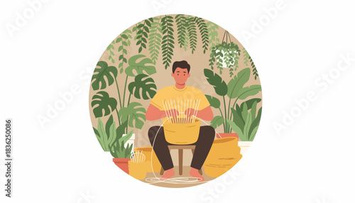 Meditating person seated in a lush garden circle.