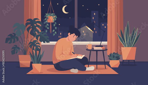 Calm Person Reading A Book Indoors At Night.
