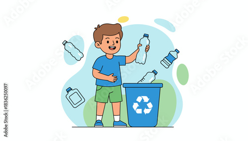 boy recycling into a blue recycling bin illustration.