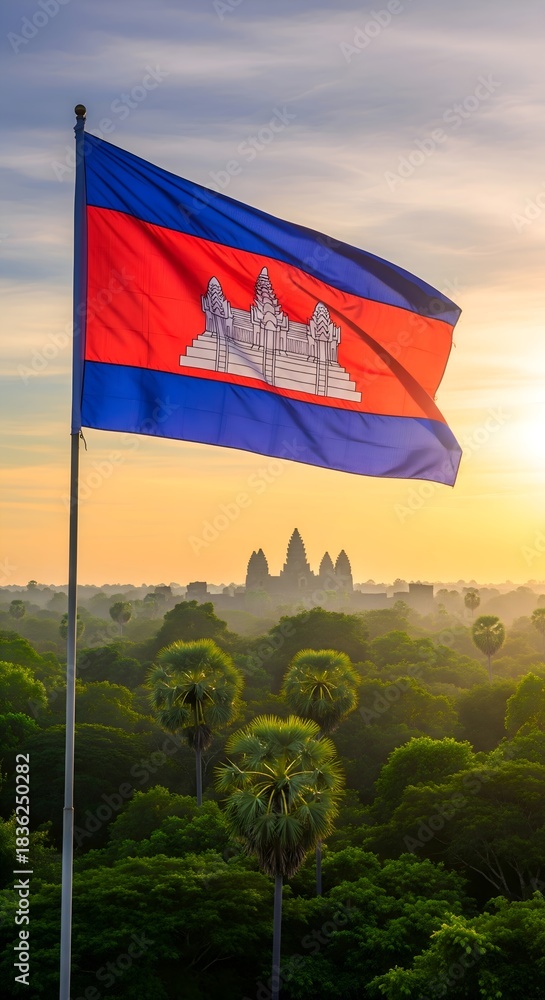 Fototapeta premium Cambodian flag with angkor wat and sunrise in siem reap cambodia