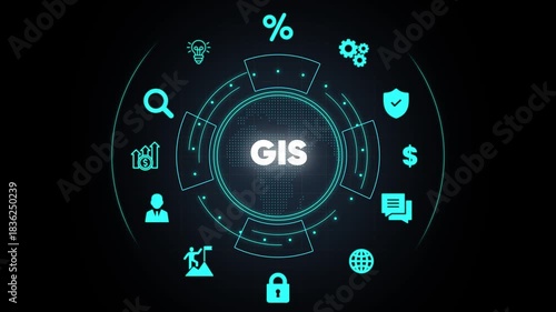 Futuristic Digital Interface with GIS Acronym and Technology Icons on Dark Background Geographic Information System