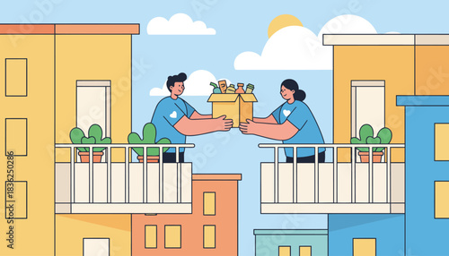 Couple on adjacent balconies exchanging a gift plant.