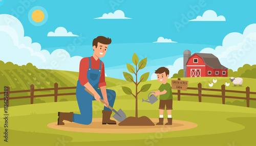 Adult Man Planting a Tree with a Child Present.