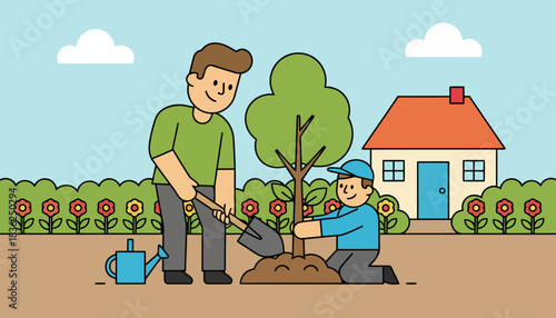 Two People Planting a Tree in a Garden.