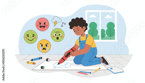 Young Child Drawing At Table With Paper And Pencils.