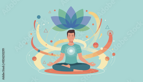 Meditating person in serene lotus pose with glowing aura.