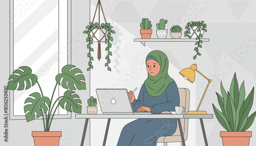 Woman in hijab working on a laptop at home office.