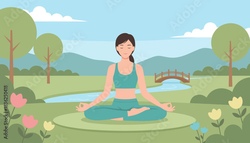 Woman Meditating in Serene Outdoor Park Scene.