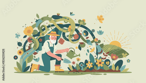 Gardener Tending Colorful Garden with Plants and Flowers.