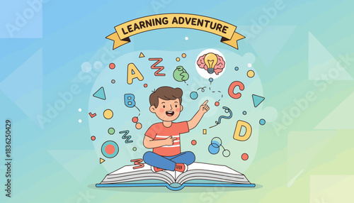 Young boy reading a book amid floating letters and learning symbols.