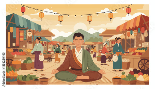 Meditating man at vibrant outdoor market.