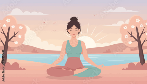 Serene woman meditating in pastel landscape.