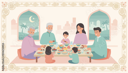 Happy Family Dining Together At A Table.