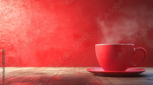 Elegant Red Teacup on Weathered Wooden Surface with Soft Warm Lighting