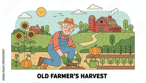 Old Farmer Harvest Scene With Pumpkins And Farm.