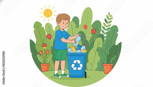 Child Recycling at a Recycling Bin in Garden.