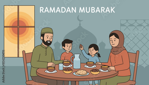 Family at table sharing a meal during Ramadan celebration.