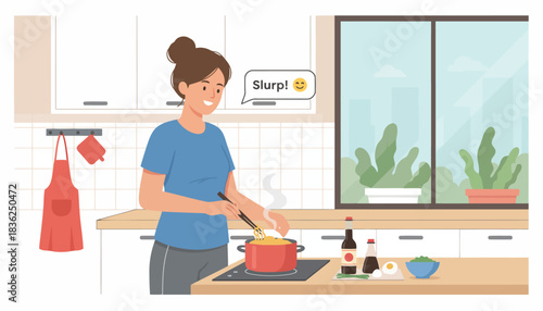 Woman Cooking in Kitchen Preparing Meal.