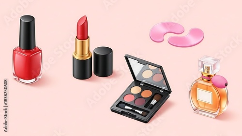 nail polish and lipstick, set of cosmetic products, Different beauty makeup cosmetic product 3D style icon set vector illustration bundle collection. Makeup palette, lipstick, perfume bottle, eye patc