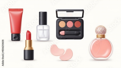nail polish and lipstick, set of cosmetic products, Different beauty makeup cosmetic product 3D style icon set vector illustration bundle collection. Makeup palette, lipstick, perfume bottle, eye patc