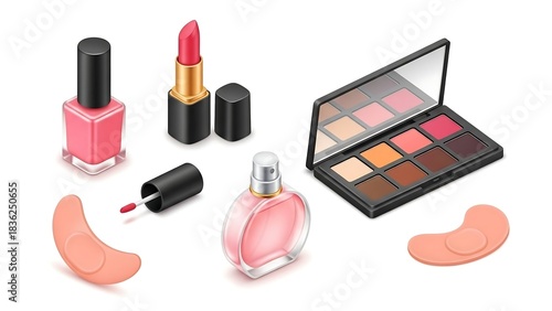 nail polish and lipstick, set of cosmetic products, Different beauty makeup cosmetic product 3D style icon set vector illustration bundle collection. Makeup palette, lipstick, perfume bottle, eye patc